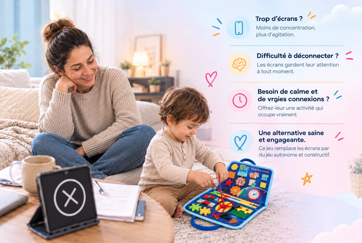 Maman et enfant avec le livre d'activités, alternative aux écrans