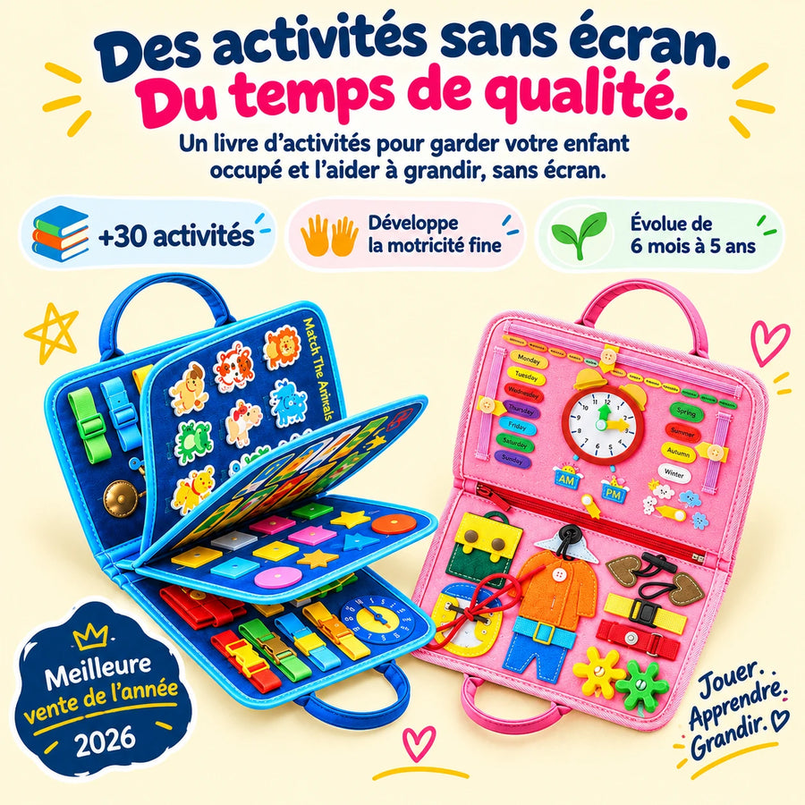 Livre d'activités Montessori Nuvyly bleu et rose, activités sans écran